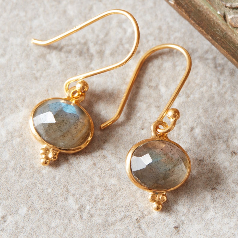 Grey Labradorite Oval Cut gemstone and Gold Drop Earrings, 18K Gold and Silver, Grey gemstone Drops Labradorite