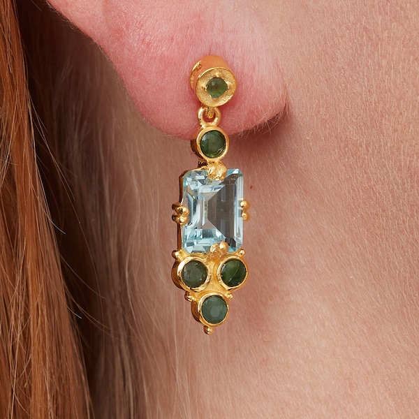 Emerald Blue Topaz and Gold Dangly Stud Earrings, 18K Gold and Sterling Silver, December Birthstone, May Birthstone Jewellery, Antique Drops