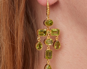 Peridot Multi-shaped Gemstone and Gold Plated Chandelier Earrings, Peridot Dangly 18K Gold Plated Earrings, Green Peridot Statement Earrings