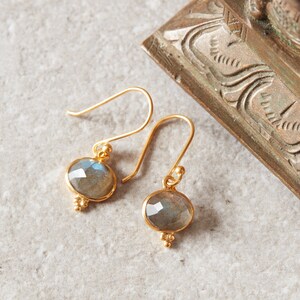 Grey Labradorite Oval Cut gemstone and Gold Drop Earrings, 18K Gold and Silver, Grey gemstone Drops image 6