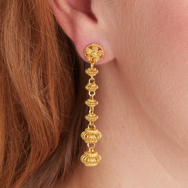 Gold Bead Long Drop Stud Earrings, Filigree Handmade Stud Drop Earrings, Ethnic Style Gold Bead Studs, 18K Gold plated Sterling Silver