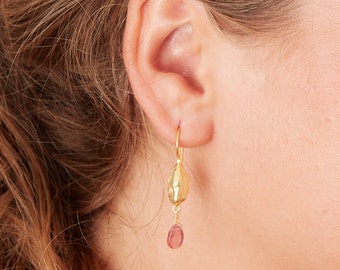 Pink Tourmaline Gold Cardamon Dangle Drop Earrings, 18K Gold and Silver, October Birthstone