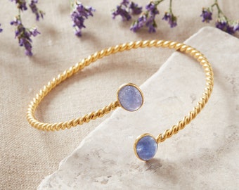 Tanzanite Gemstone  Gold Plated Silver Twisted bangle, adjustable Bangle, Twisted Gold Bracelet with Tanzanite, violet gemstone open Bangle