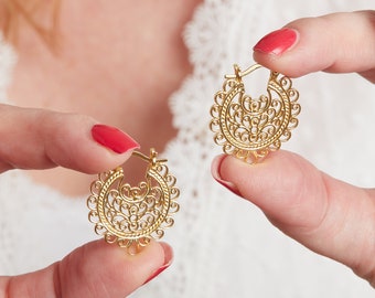Orecchini Cerchio Grandi Stile Boho – Filigrana Fiore, Tono Oro, Zingaro, A Goccia, Per Donna, Forati