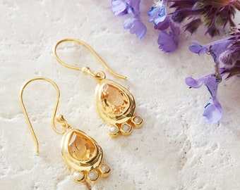 Citrine and Gold Seed Pearl Antique Drop Earrings, Yellow Gemstone Gold Earrings, Antique Style Teardrop Earrings, November Birthstone