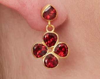 Garnet and Gold Plated Clover Shaped Stud Drop Earrings, 18K Gold Plated Sterling Silver, January Birthstone Jewellery, Red and Gold Studs