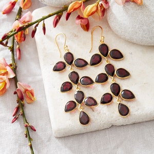 Garnet Gemstone Teardrop Earrings, Deep Red Leaf Shaped Earrings, Red Gemstone Drop Earrings, January Birthstone Earrings, 18K Gold Vermeil Garnet