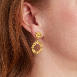 Gold Filigree Stud Circle Drop Earrings, 18K Gold Plated Sterling Silver, Ethnic Statement Stud Drop Earrings