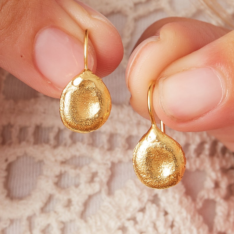 Matt 18K Gold and Silver Pumpkin Seed Hook Earrings, Organic Shaped Drop Earrings image 5