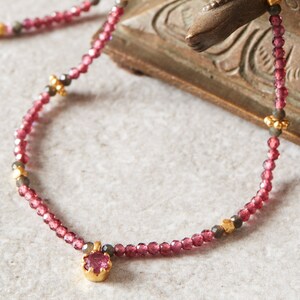 Black Spinel and Ruby Beaded Antique Short Layering Necklace, 18K Gold and Sterling Silver, July Birthstone Ruby