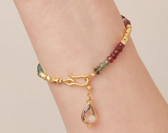 Tourmaline Beaded Gold Bracelet, Multi-coloured beads and 18K Gold Plated Bracelet,  Beaded Friendship Bracelet, Stacking Bracelet