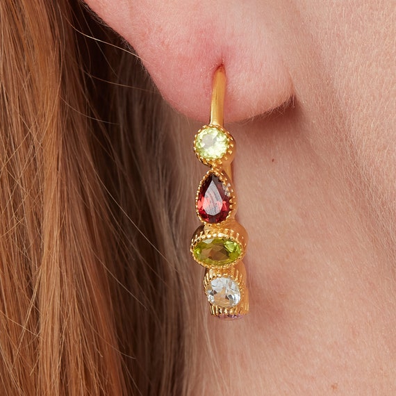 Multi gemstone and Gold Plated Sterling Silver Stud Hoop Earrings Garnet Amethyst Citrine Peridot Moonstonetopaz Mixed Stone Hoop Earrings Etsy Australia