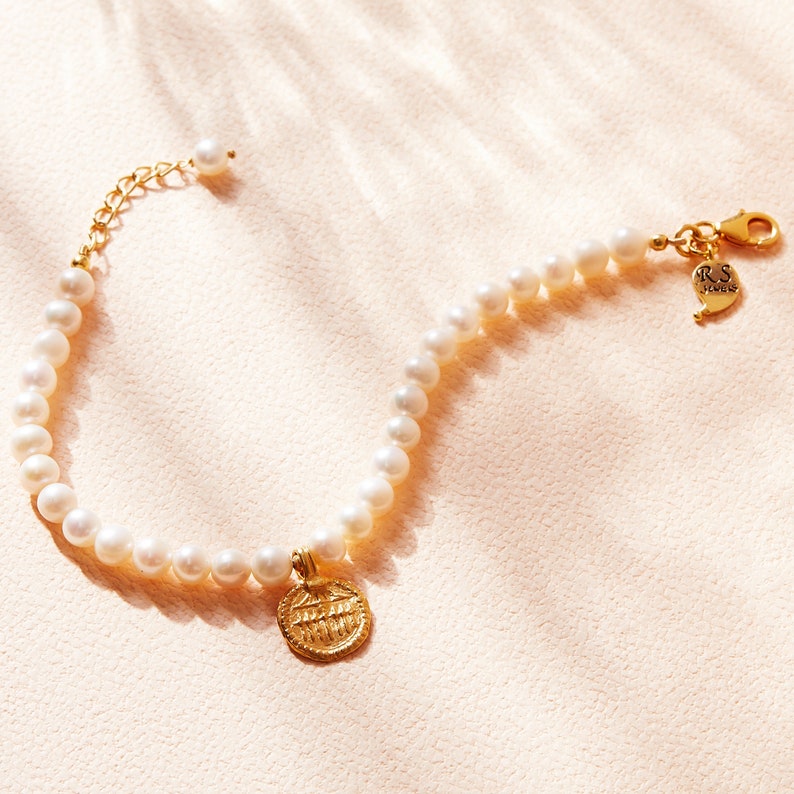 Pearl Beaded Bracelet, Gold Pendant Bracelet, Indian Amulet Jewellery, Pearl and Gold Bracelet, Antique Gold Charm Bracelet, Indian Bracelet image 2