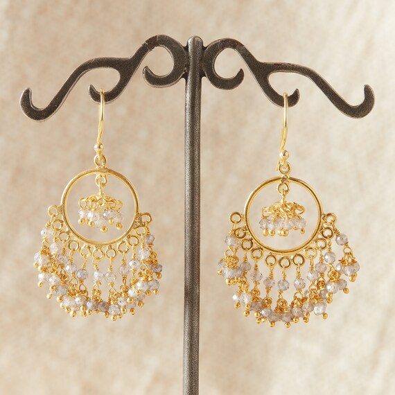 Boucles D'oreilles Créoles Bohème En Acier Inoxydable Avec Labradorite Grise - Neuf Avec étiquettes