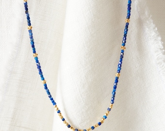 Blue Lapis Lazuli and Gold Beaded Short Layering Necklace, Blue necklace with Gold details, Short Layering necklace, 18K Gold and Silver