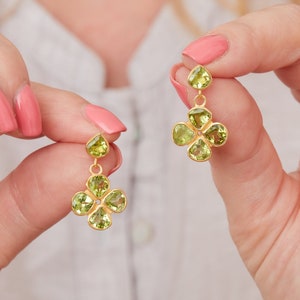 Green Peridot Clover Shaped Stud Drop Earrings, 18K Gold Plated Sterling Silver, August Birthstone Jewellery, Green Clover Stud Earrings image 3