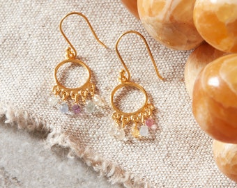 Multi-Sapphire Briollette Hoop Drop Gold and Silver Earrings, September Birthstone Jewellery, 18K Gold and Silver, Pastel Gemstone Earrings