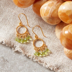 Peridot Hoop Earrings: 18k Gold Plated Sterling Silver Dangle Earrings