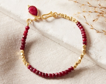 Ruby Beaded Gold Bracelet, Red and Gold Friendship Bracelet, Dark Pink Gemstone Bracelet, July Birthstone Bracelet