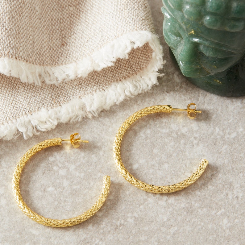 Gold Textured Stud Hoops, 18K Gold Plated Sterling Silver, Classic Gold Hoops, Everyday Gold Hoops image 3