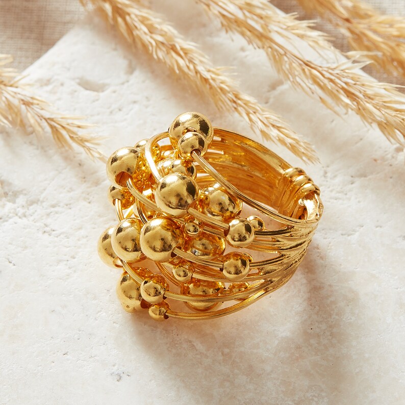 Gold Bobble Statement Ring, Beaded Statement Ring, Chunky Gold Cocktail Ring, 18K Gold and Silver, Large Gold Ring image 2