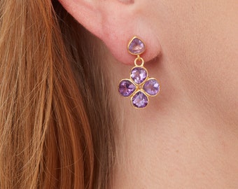 Amethyst and Gold Plated Clover Shaped Stud Drop Earrings, 18K Gold Plated Sterling Silver, February Birthstone Earrings, Purple Stud Drops