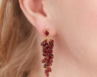 Garnet Gold and Silver Grape Style Drop Stud Earrings, January birthstone