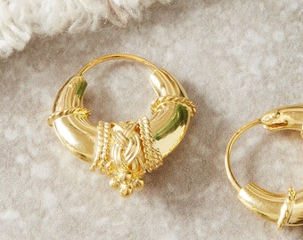 Gold Shiny Ethnic Detailed Hoops, 18K Gold Plated Sterling Silver, Mini Statement Hoop Earrings