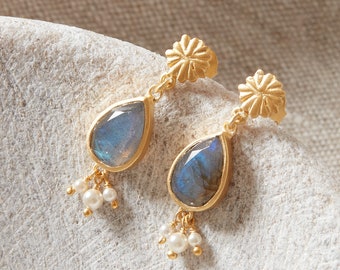 Boucles d'oreilles pendantes en or mat et argent, perles de labradorite