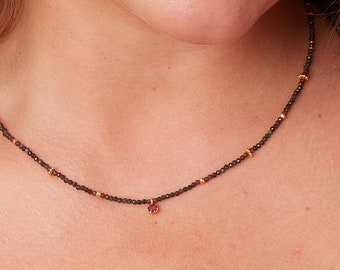 Black Spinel and Ruby Beaded Antique Short Layering Necklace, 18K Gold and Sterling Silver, July Birthstone