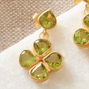 Green Peridot Clover Shaped Stud Drop Earrings, 18K Gold Plated Sterling Silver, August Birthstone Jewellery, Green Clover Stud Earrings image 6