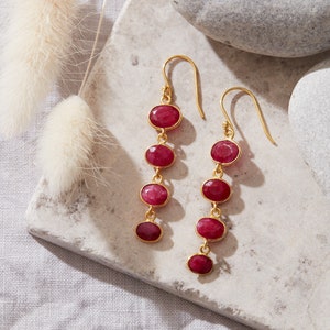 Garnet Gemstone Pebble Earrings, Red Gemstone Drop Earrings, 18K Gold and Silver, Deep Red Gemstone Long Drops Ruby