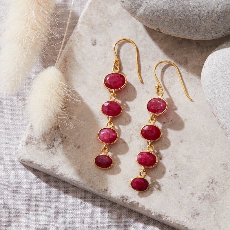 Garnet Gemstone Pebble Earrings, Red Gemstone Drop Earrings, 18K Gold and Silver, Deep Red Gemstone Long Drops Ruby