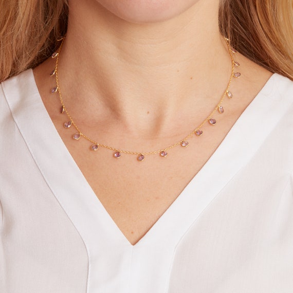 Collier Avec Pendentif Goutte D'eau En Améthyste Et Or, Collier En