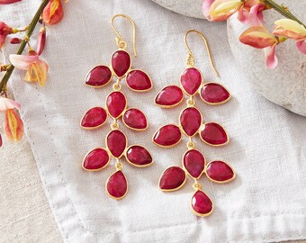 Ruby Gemstone Gold Earrings, Ruby Leaf Drop Earrings, Gemstone Teardrop Dangly Earrings, Ruby Gold Drop Earrings, July Birthstone Earrings