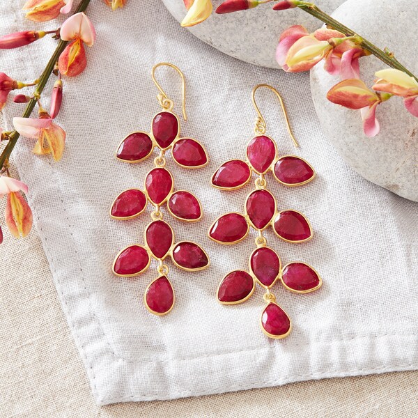 Ruby Gemstone Gold Earrings, Ruby Leaf Drop Earrings, Gemstone Teardrop Dangly Earrings, Ruby Gold Drop Earrings, July Birthstone Earrings