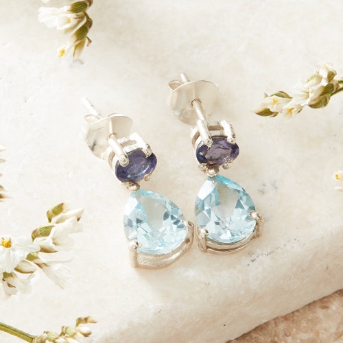 Blue Topaz and Sapphire Earrings, Blue Gemstone Drop Silver Earrings, December September Birthstone, Topaz Stud Back shops Earrings