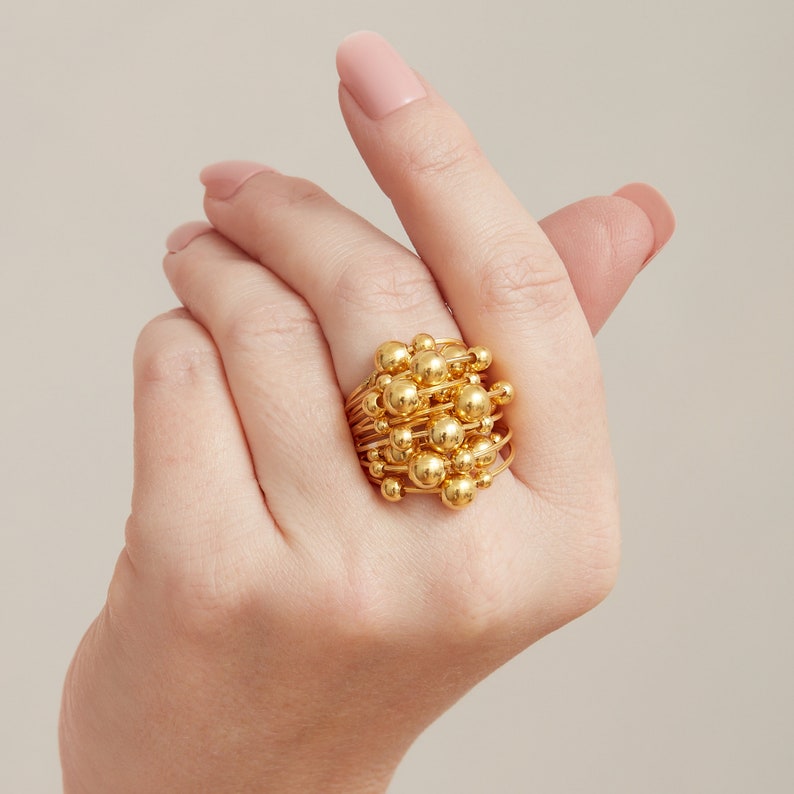 Gold Bobble Statement Ring, Beaded Statement Ring, Chunky Gold Cocktail Ring, 18K Gold and Silver, Large Gold Ring image 1