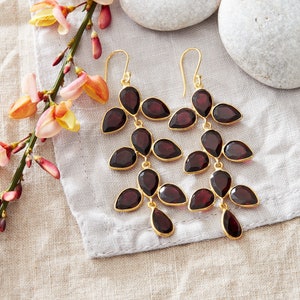 Garnet Gemstone Teardrop Earrings, Deep Red Leaf Shaped Earrings, Red Gemstone Drop Earrings, January Birthstone Earrings, 18K Gold Vermeil image 4