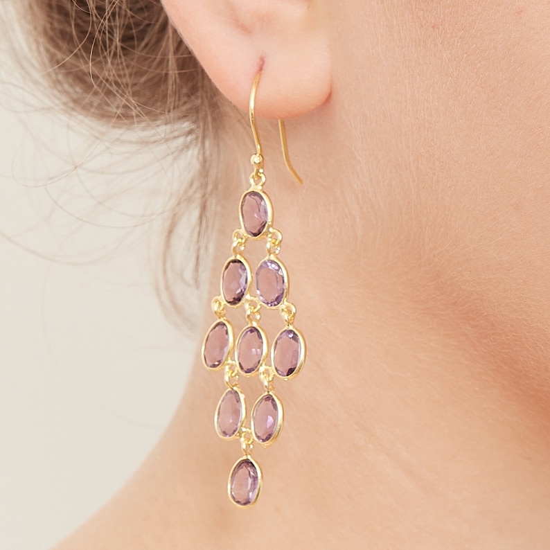 Amethyst statement earrings Gemstone gold chandelier earrings February birthstone Amethyst chandelier earrings Purple gemstone earrings