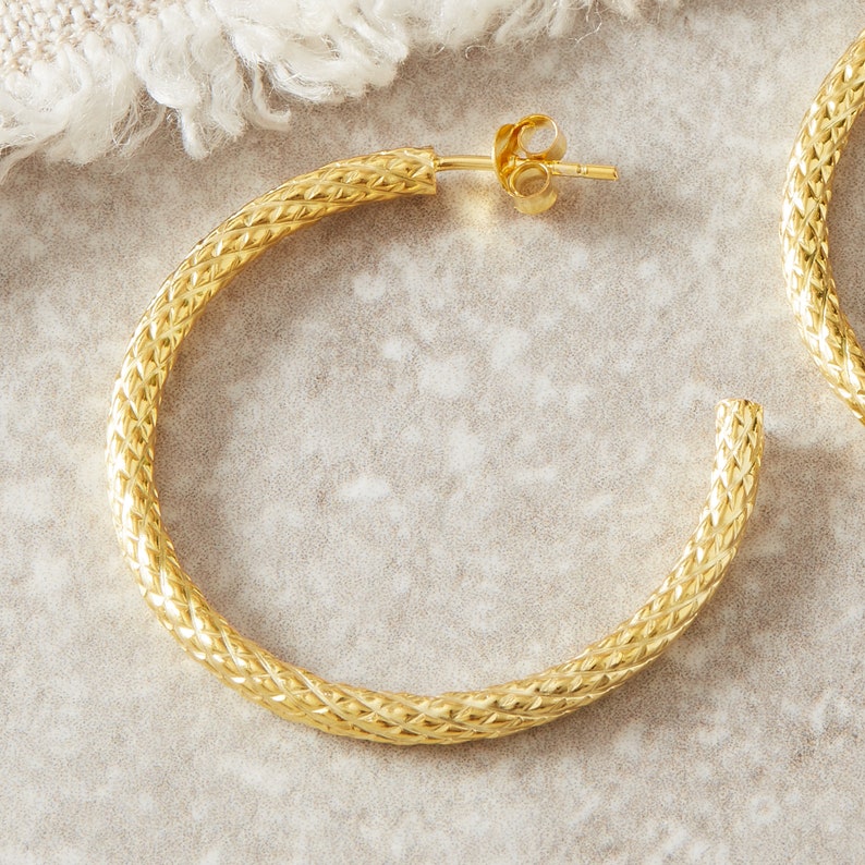 Gold Textured Stud Hoops, 18K Gold Plated Sterling Silver, Classic Gold Hoops, Everyday Gold Hoops image 1