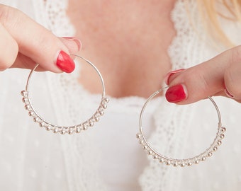 Silver Bobble Large Hoops, Detailed Hoop Earrings,  Indian Hoop Earrings,  Boho Style Earrings, Textured Hoops, Sterling Silver Hoops