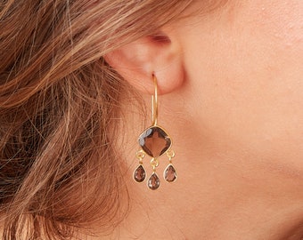 Smoky Brown Topaz and Gold Cut Stone Dangly Drop Earrings, 18K Gold and Silver, November Birthstone, smoky quartz gold dangly earrings