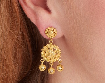 Gold Stud and Filigree Dangly Ball Charm Drop Earrings, 18K Gold Plated Sterling Silver, Ethnic Design Stud Drops, Gold Statement Earrings