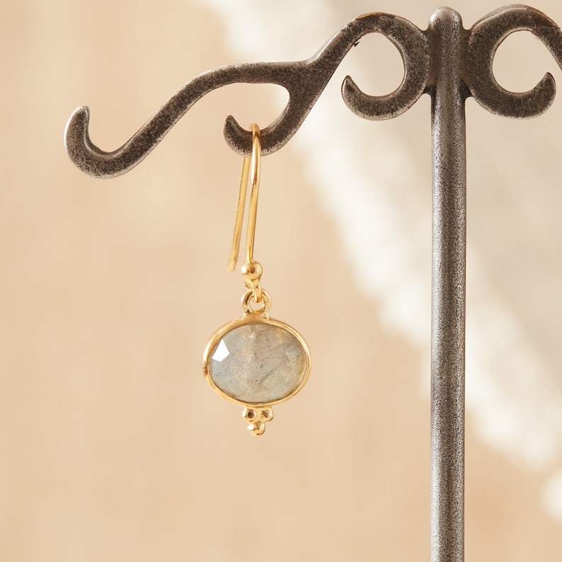 Grey Labradorite Oval Cut gemstone and Gold Drop Earrings, 18K Gold and Silver, Grey gemstone Drops image 8