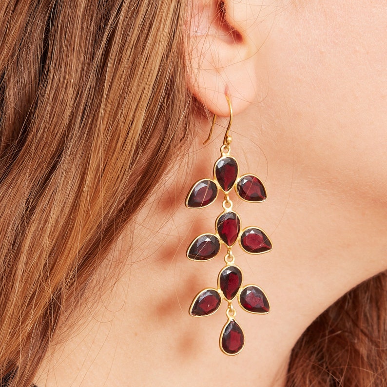 Garnet Gemstone Teardrop Earrings, Deep Red Leaf Shaped Earrings, Red Gemstone Drop Earrings, January Birthstone Earrings, 18K Gold Vermeil image 2