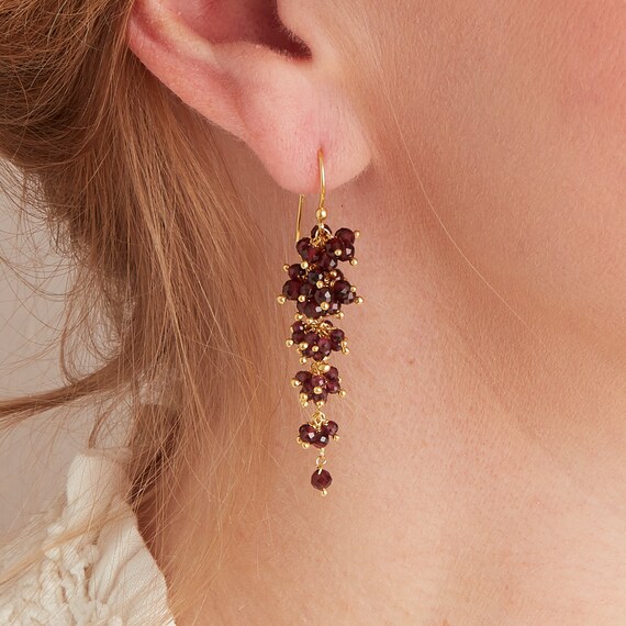 Red Garnet Beaded Waterfall Dangle Earrings, Garnet Drop
