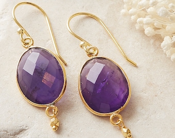 Purple Amethyst Drop Earrings, 18k Gold and Silver Earrings, Purple Gold Bead Earrings, Large Gemstone Earrings, February Birthstone