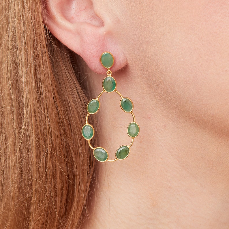 Emerald Stud Teardrop Earrings, Green Gemstone Earrings, 18K Gold and Silver, May Birthstone Jewellery image 4