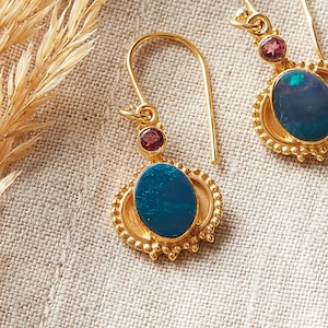 Opal Antique Style Earrings, Blue Opal Etruscan Drop Earrings, 18K Gold and Silver, October Birthstone Jewellery, Indian Style